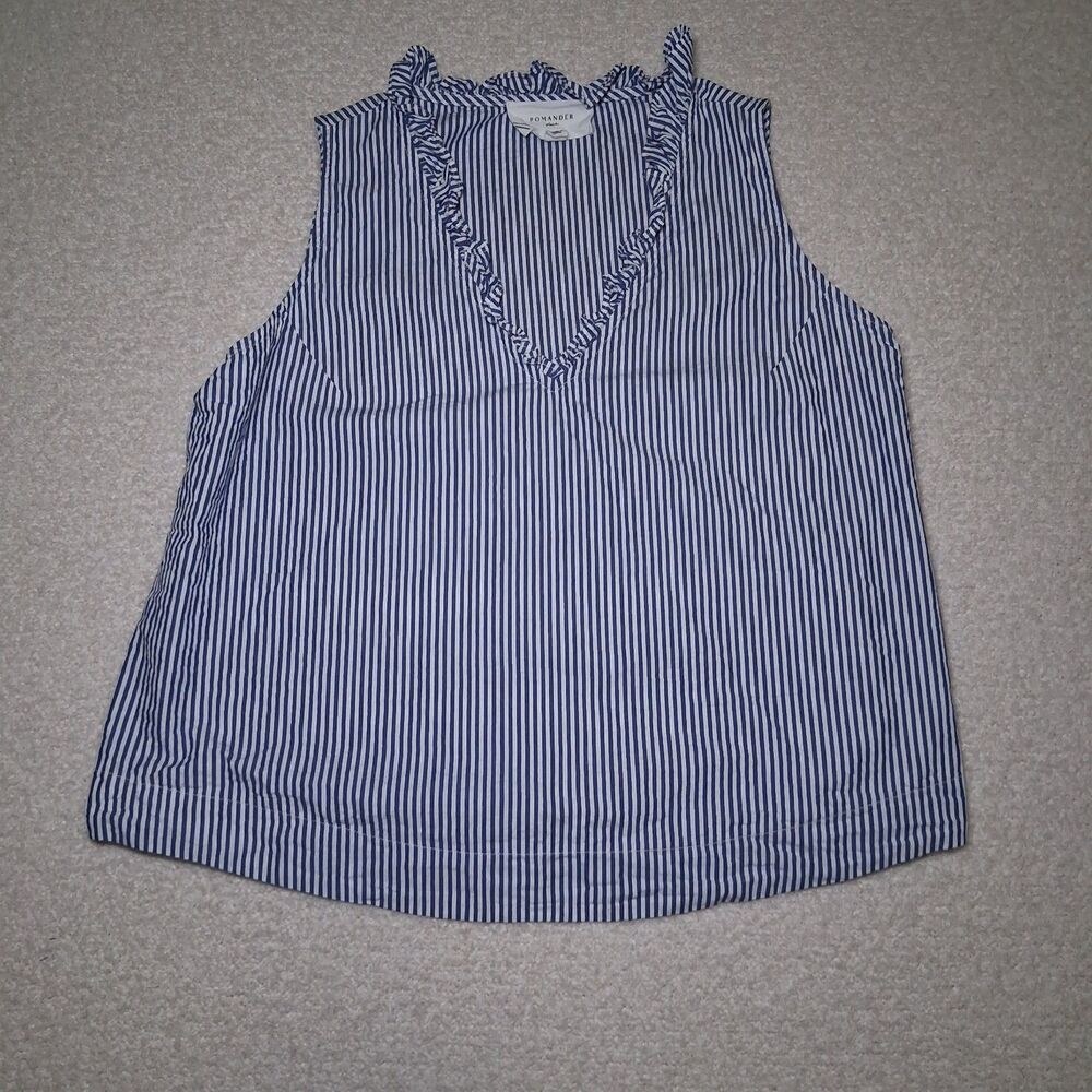 Pomander 100% Cotton Stripes Womens S Ruffle Collar Coastal Resort Summer Beach - Picture 3 of 9